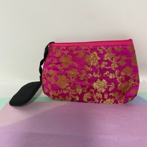 Pink and Gold oriental design cosmetic bag with a mirror, with a zippe - Picture 1 of 3